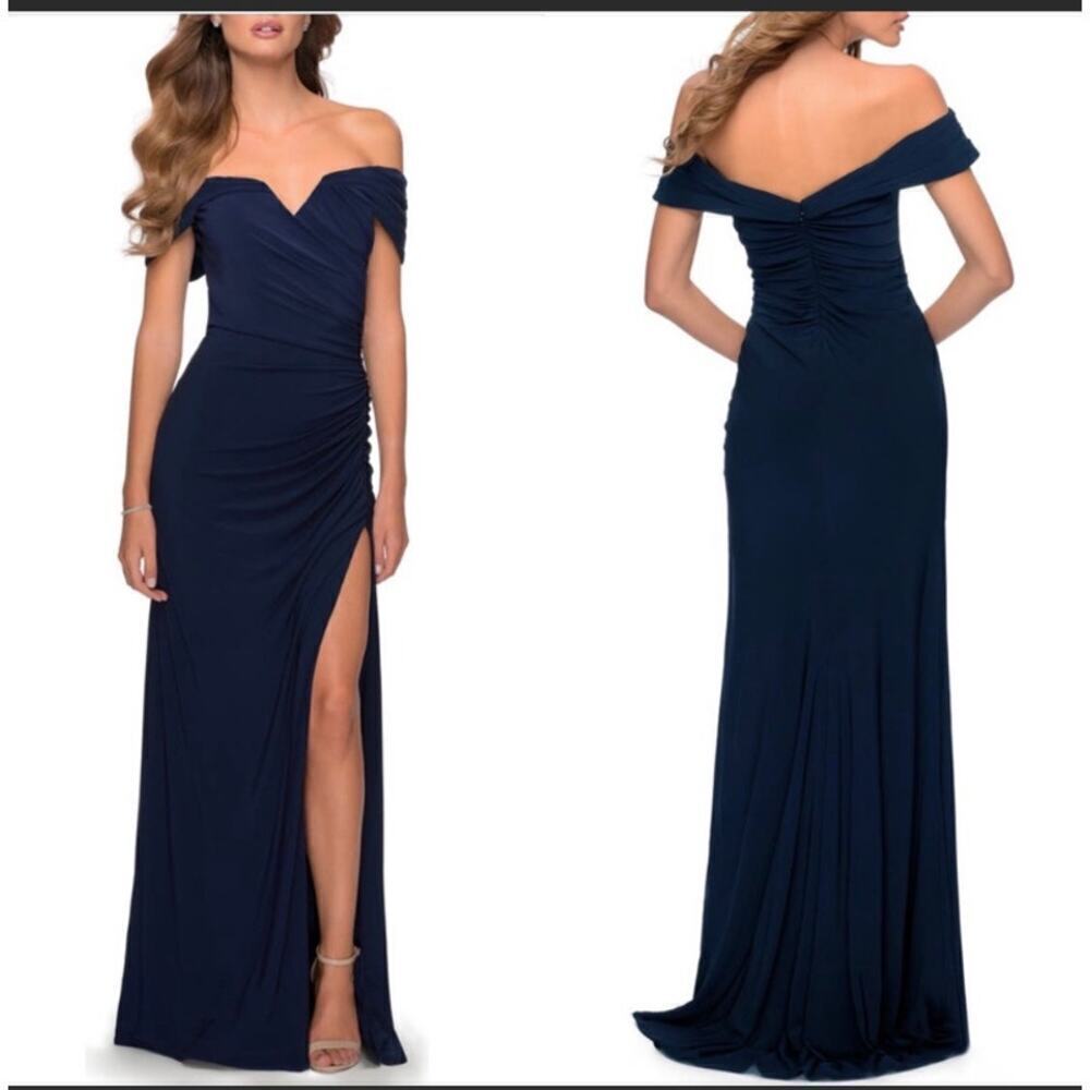 La Femme Off Shoulder Jersey Gown Navy size 2